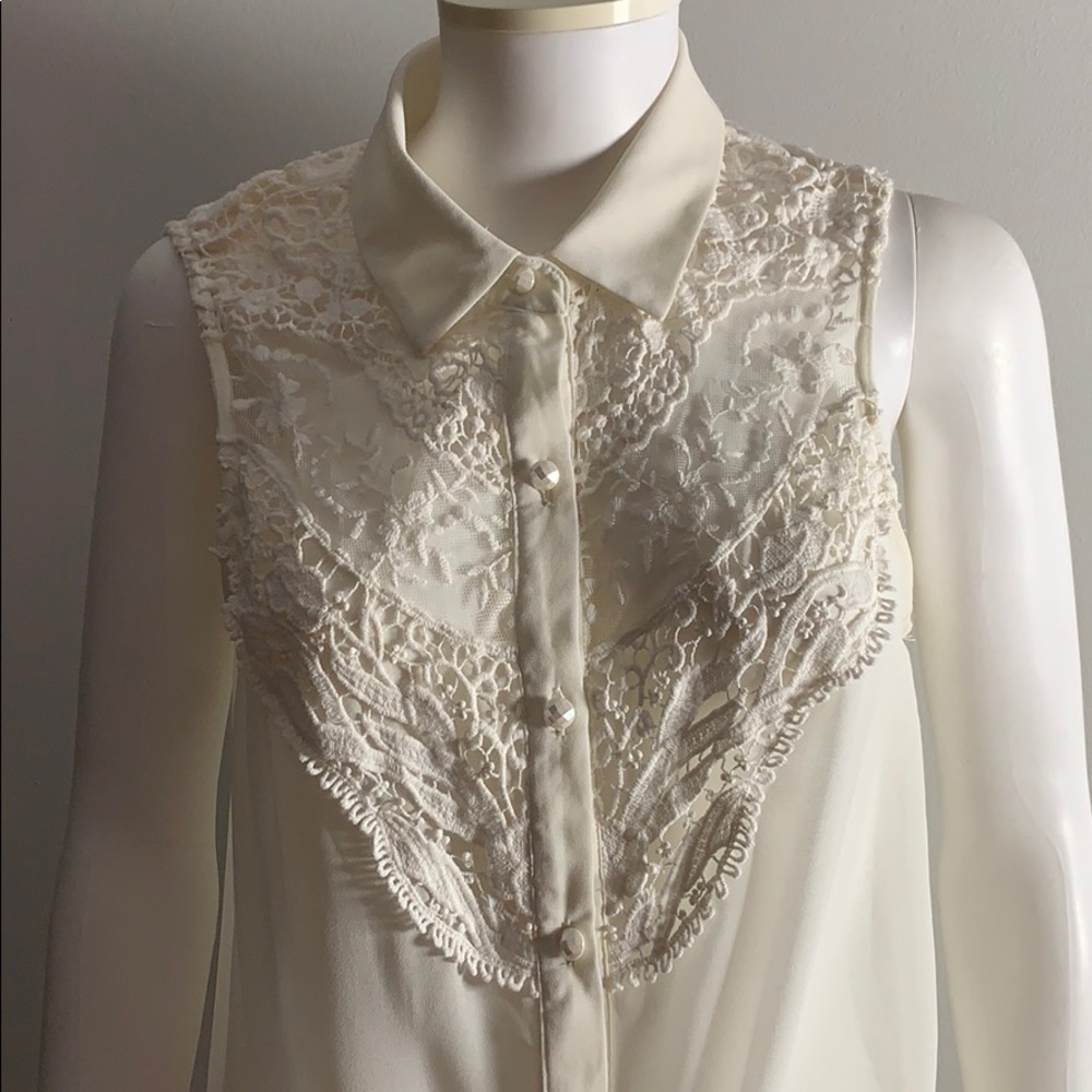 Cream Sleeveless Blouse with Lace and Tie Tank Top